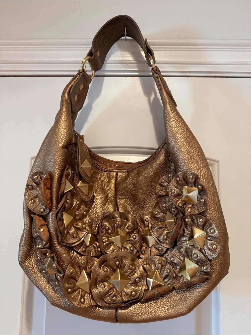 Isabella Fiore Bronze Metallic Leather Rosette Studded Hobo Bag Y2K